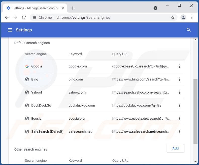 Removing safesearch.net from Google Chrome default search engine