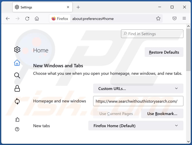 Removing searchwithouthistorysearch.com from Mozilla Firefox homepage