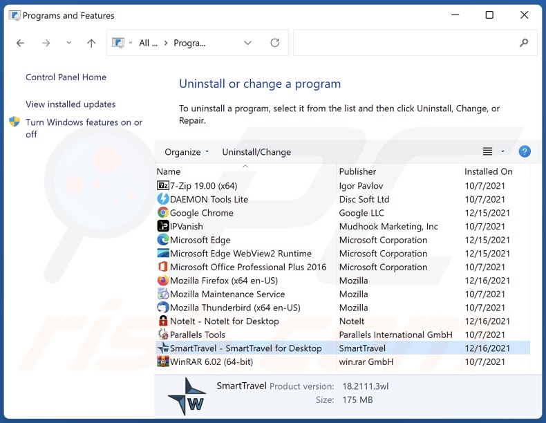 SmartTravel adware uninstall via Control Panel