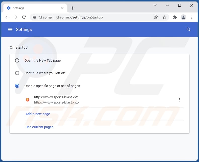 Removing sports-blast.xyz from Google Chrome homepage