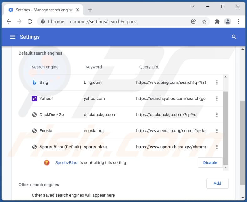 Removing sports-blast.xyz from Google Chrome default search engine