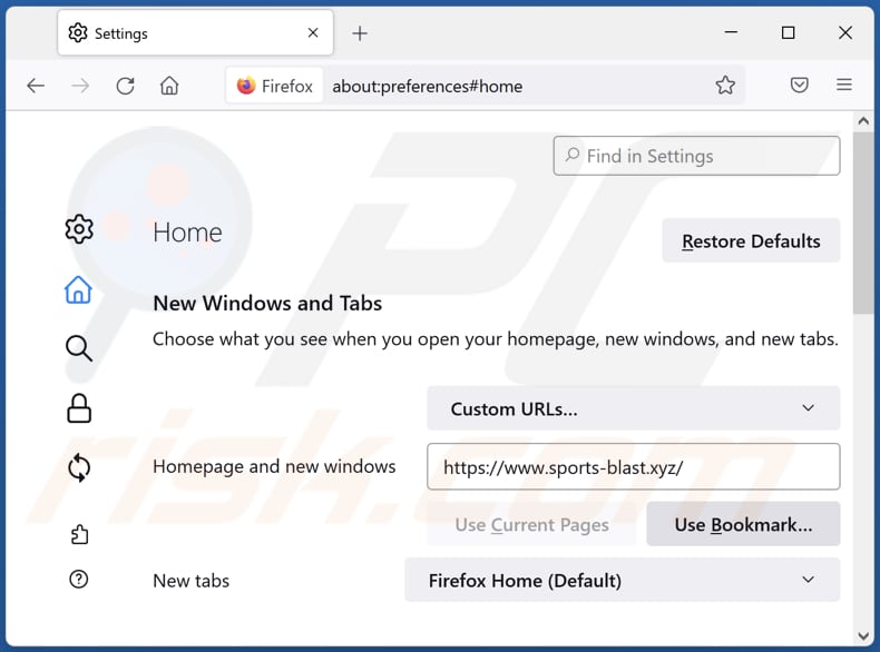 Removing sports-blast.xyz from Mozilla Firefox homepage