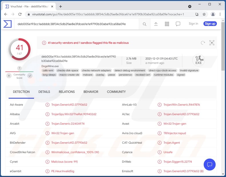 SpyAgent malware detections on VirusTotal