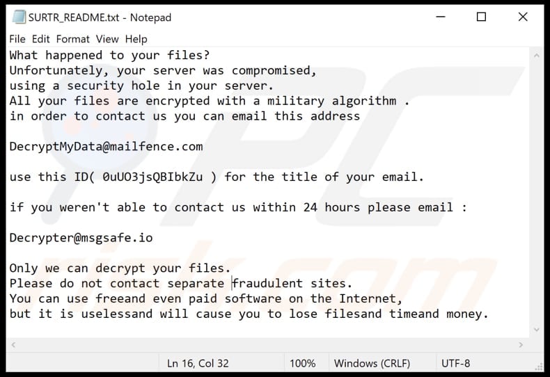 surtr ransomware ransom note text file