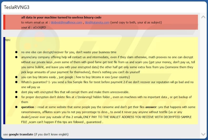 TeslaRVNG3 ransomware text file (teslarvng3.hta)