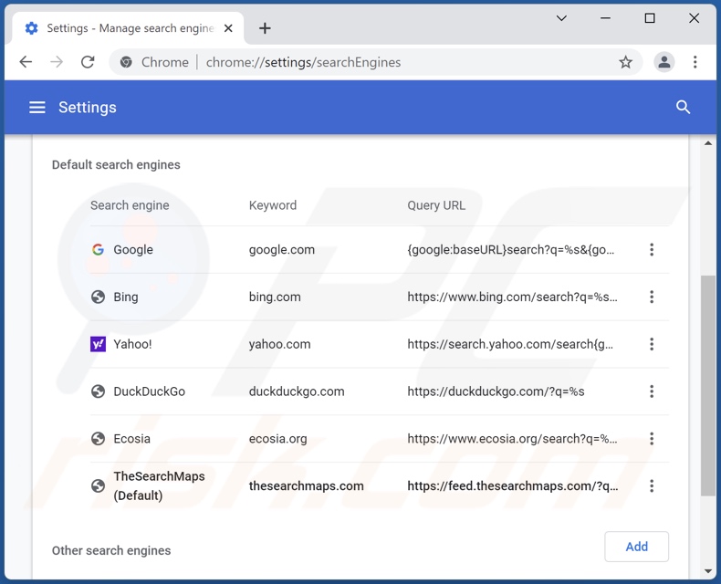 Removing thesearchmaps.com from Google Chrome default search engine