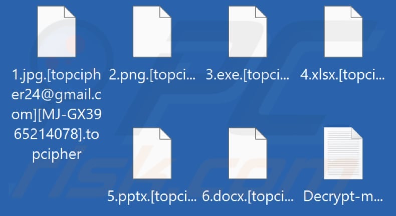 Files encrypted by Topcipher ransomware (.topcipher extension)