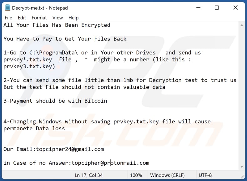 Topcipher ransomware text file (Decrypt-me.txt)