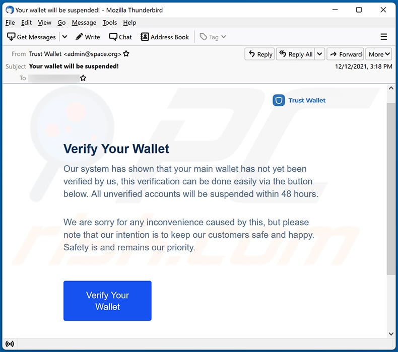 Trust Wallet-themed spam email (2021-12-16)