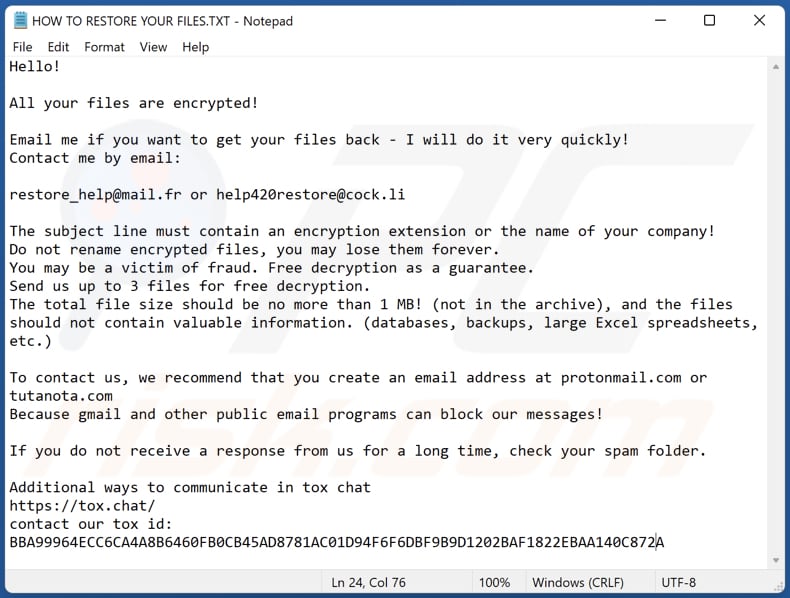 Ubrhnqznw ransomware text file (HOW TO RESTORE YOUR FILES.TXT)