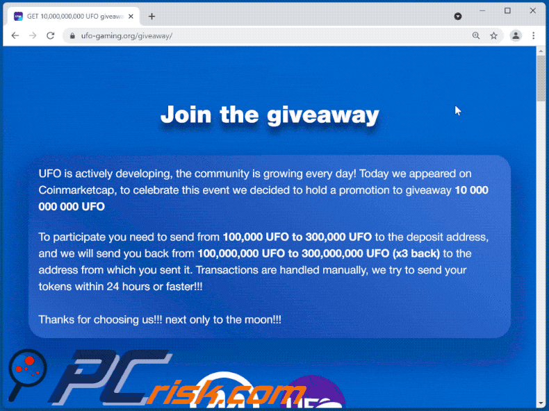 Appearance of UFO giveaway scam scam