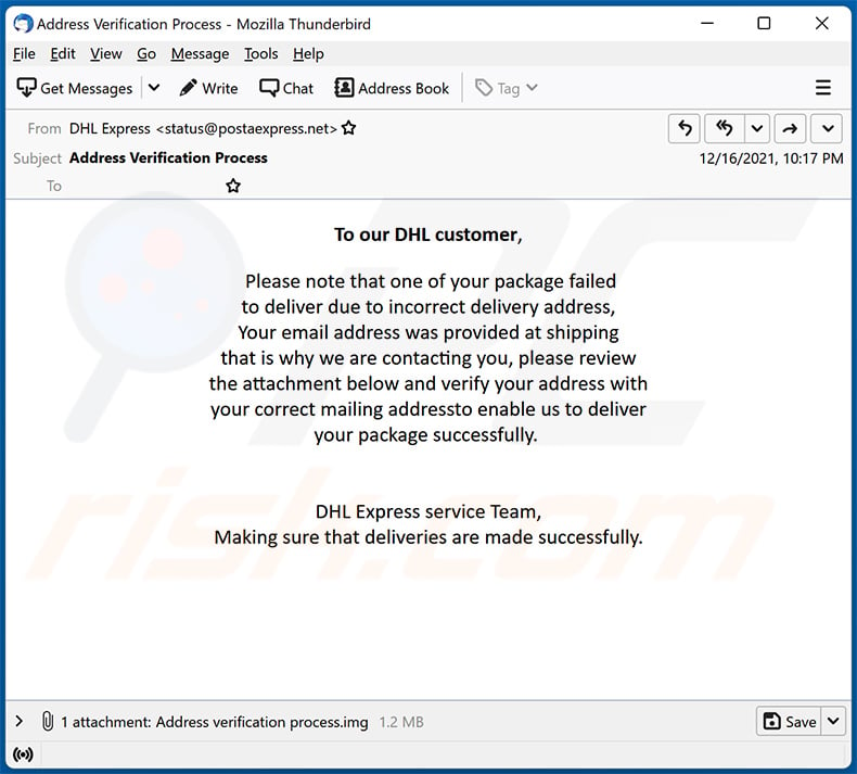 Failed DHL delivery spam email (2021-12-20)