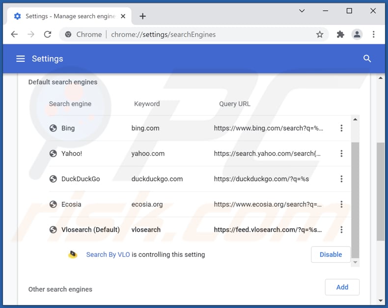 Removing vlosearch.com from Google Chrome default search engine