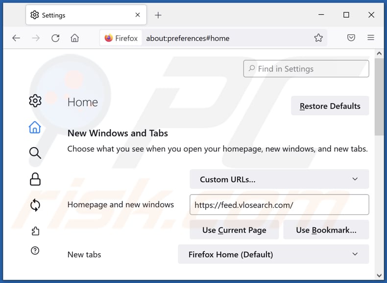 Removing vlosearch.com from Mozilla Firefox homepage