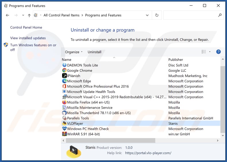 vlosearch.com browser hijacker uninstall via Control Panel