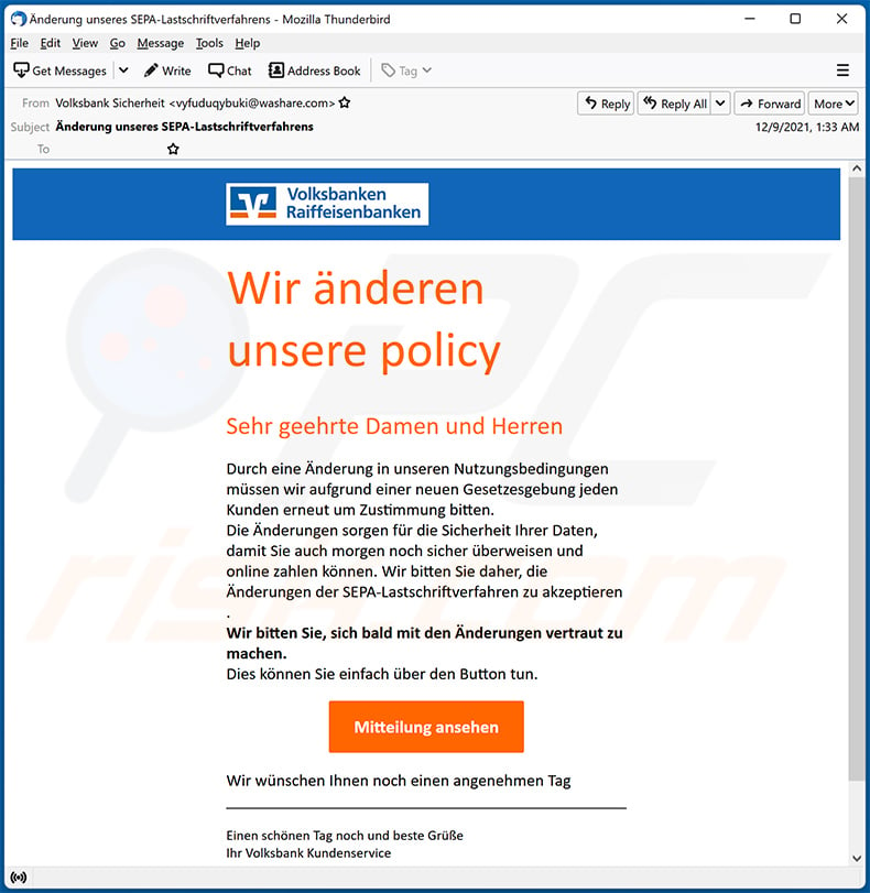 Volksbanken-themed spam email promoting a phishing site