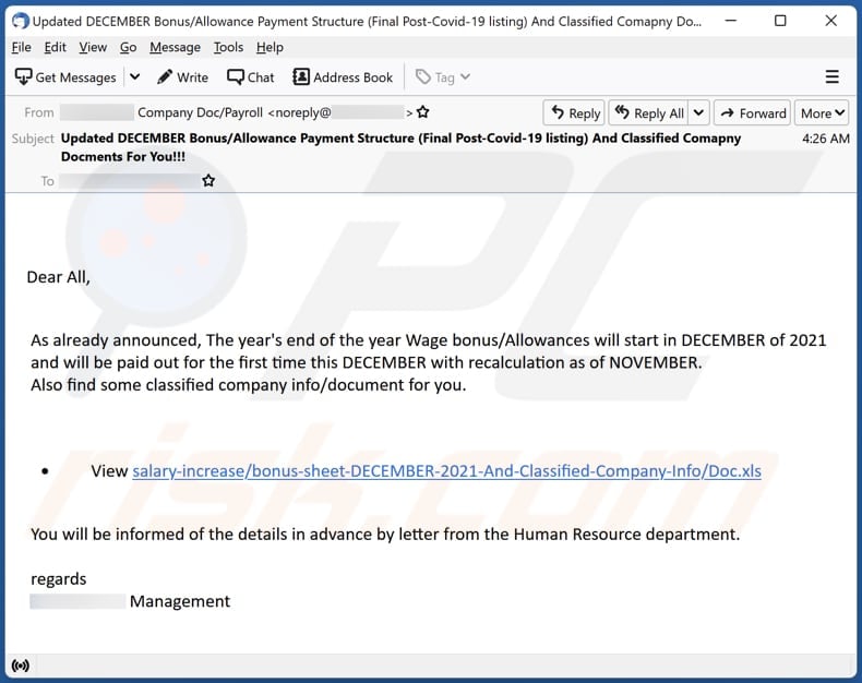 Wage Bonus/Allowances email scam email spam campaign