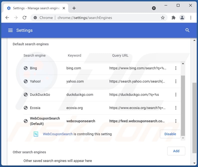 Removing webcouponsearch.com from Google Chrome default search engine