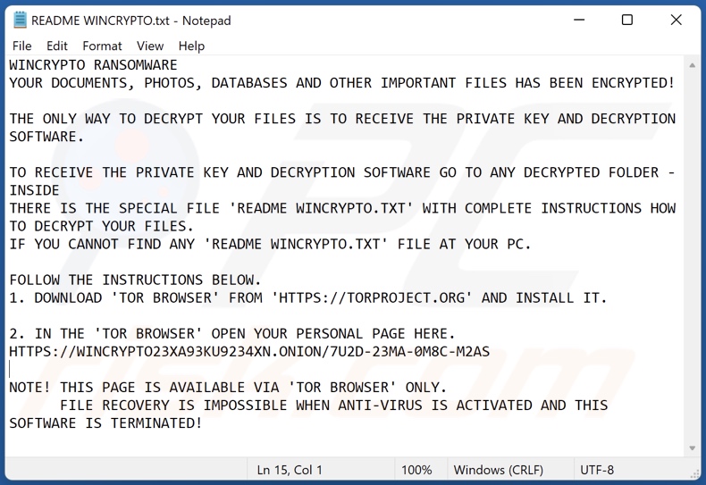 WinCrypto ransomware text file (README WINCRYPTO.txt)