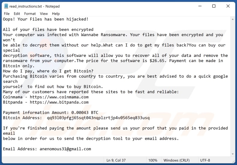 Wnbe ransomware text file (read_instructions.txt)