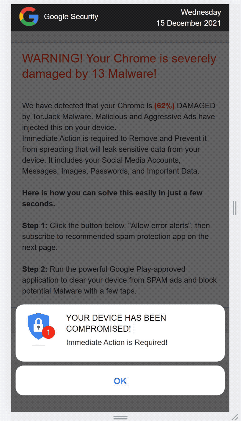 Your Device Has Been Compromised scam appearance (GIF)