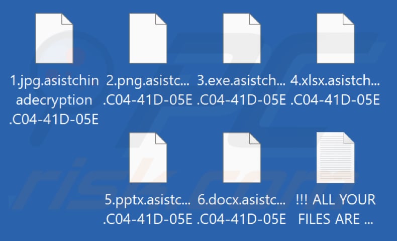 Files encrypted by Asistchinadecryption ransomware (.asistchinadecryption and ID of a victim as the extension)