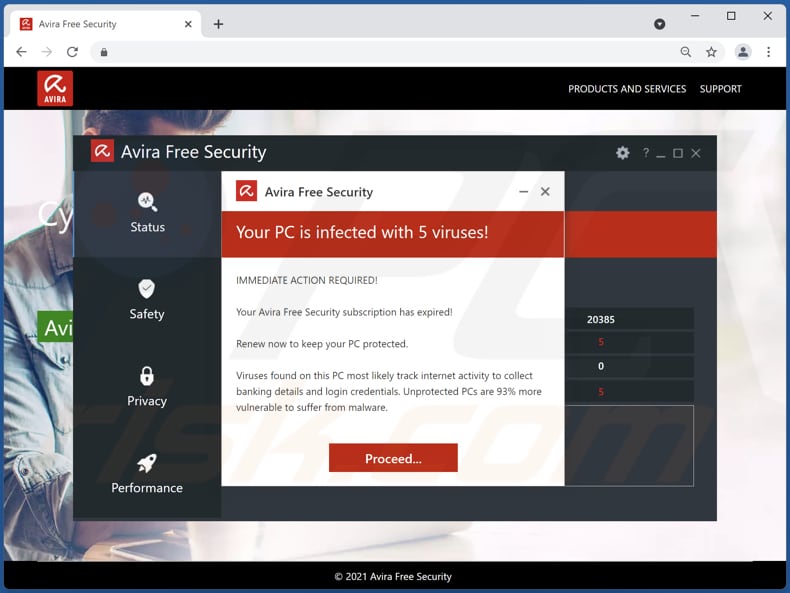 Avira Free Security - Your PC is infected with 5 viruses! pop-up scam scam