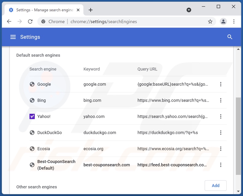 Removing best-couponsearch.com from Google Chrome default search engine