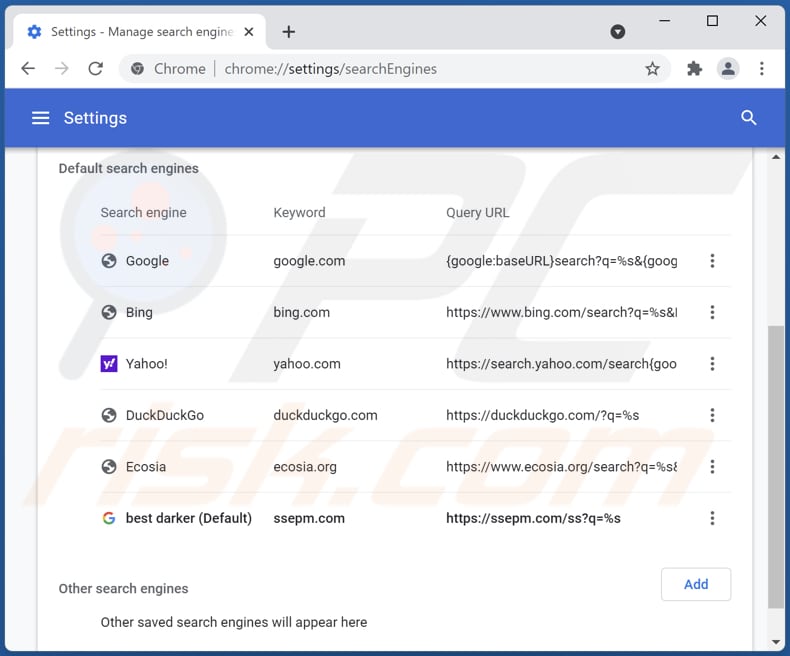 Removing ssepm.com from Google Chrome default search engine