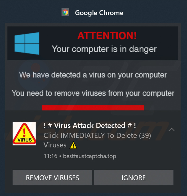 Remove Attention! Your Computer Is In Danger Pop-up Scam