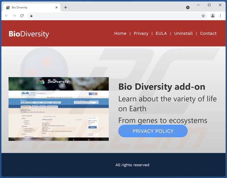 Bio Diversity adware promoting site