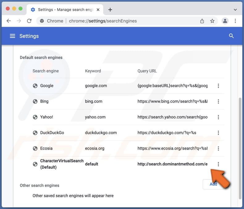 charactervirtualsearch adware search.dominantmethod.com as the default search engine