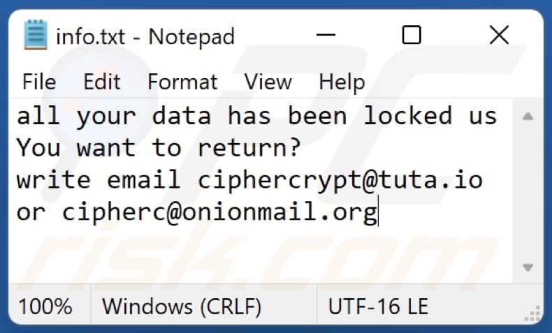 Cip ransomware text file (info.txt)