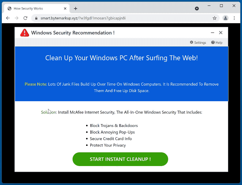 Appearance of Clean Up Your Windows PC After Surfing The Web! scam