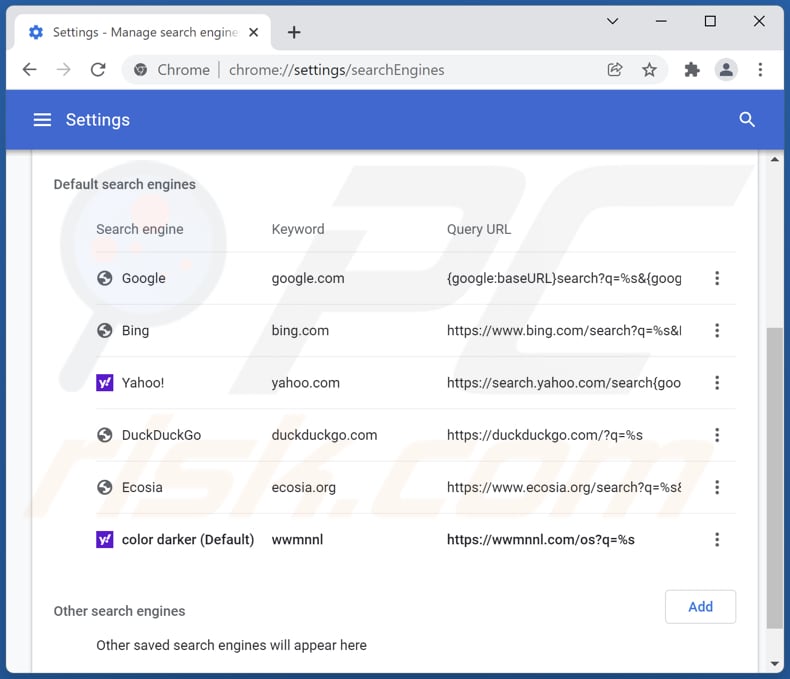 Removing wwmnnl.com from Google Chrome default search engine