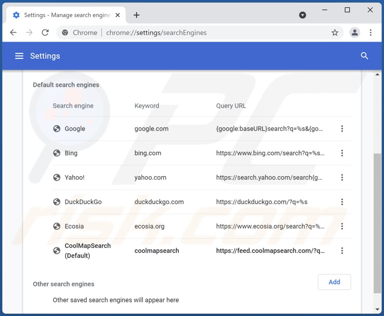 Removing coolmapsearch.com from Google Chrome default search engine