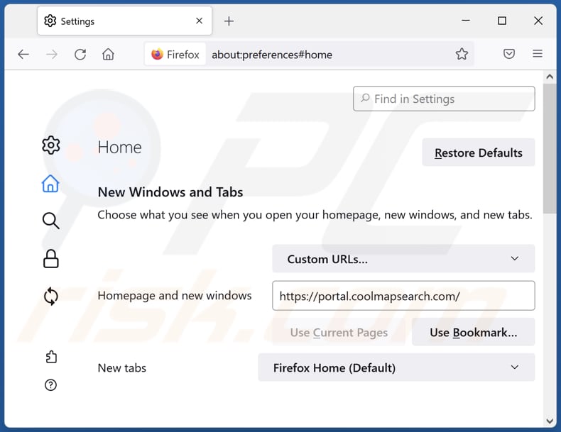 Removing coolmapsearch.com from Mozilla Firefox homepage