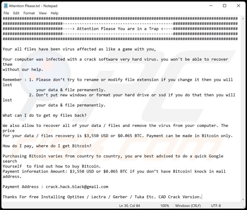 Crackvirus ransomware text file (Attention Please.txt)
