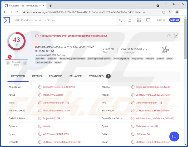 DarkWatchman RAT flagged as malicious in VirusTotal