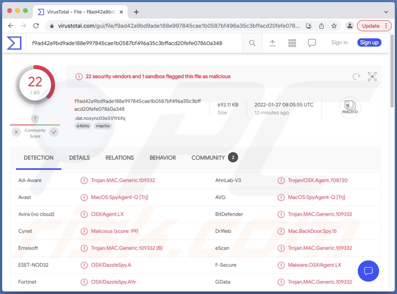 DazzleSpy malware detections on VirusTotal