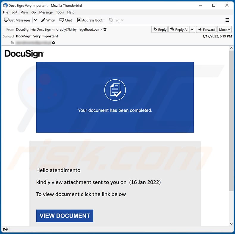 DocuSign-themed spam email spreading Agent Tesla (2022-01-18)