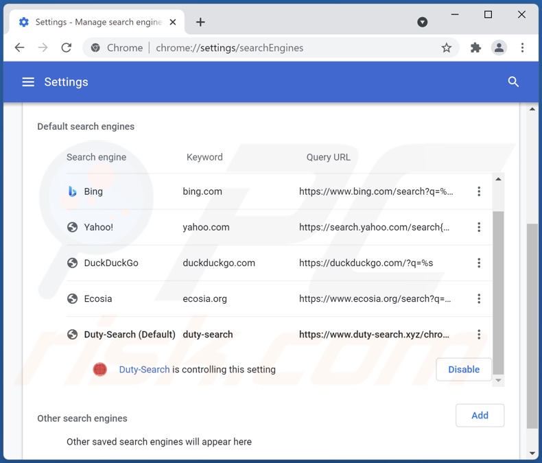 Removing duty-search.xyz from Google Chrome default search engine