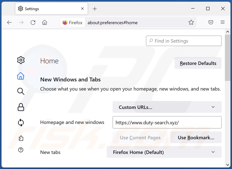 Removing duty-search.xyz from Mozilla Firefox homepage
