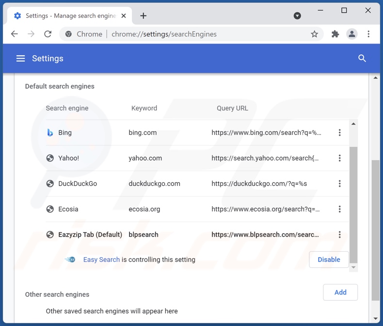 Removing easysearch.club from Google Chrome default search engine
