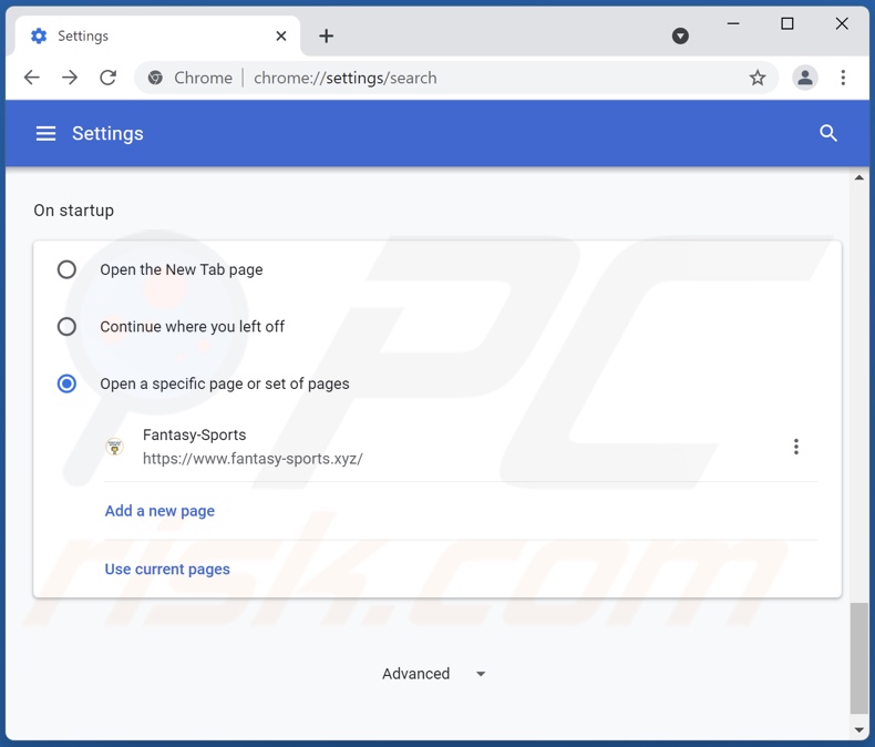 Removing fantasy-sports.xyz from Google Chrome homepage