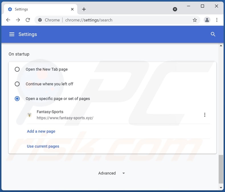 Removing fantasy-sports.xyz from Google Chrome homepage