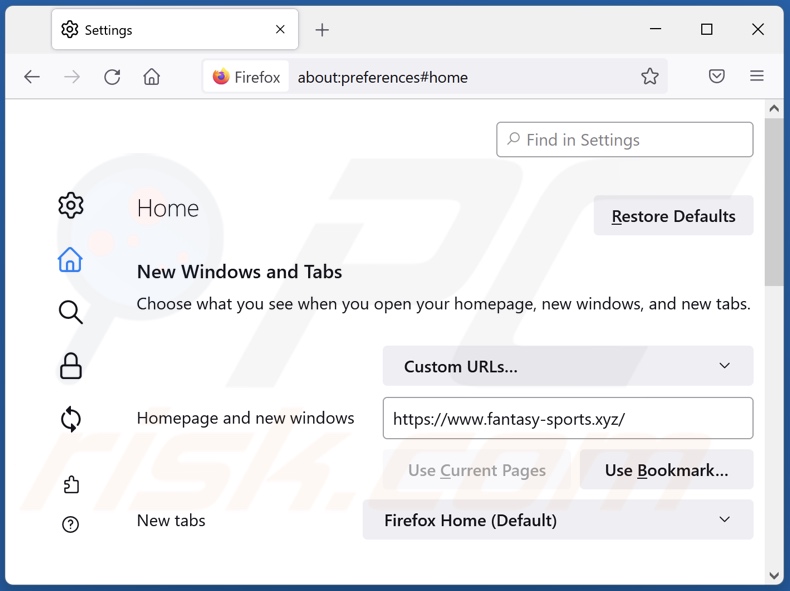 Removing fantasy-sports.xyz from Mozilla Firefox homepage