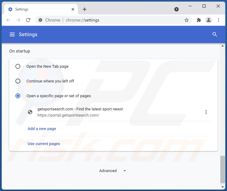 Removing getsportsearch.com from Google Chrome homepage