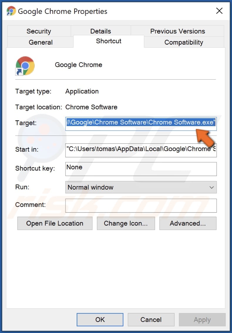 fake google app changed chrome shortcut target location