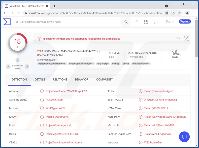 Grind3lwald malware detections on VirusTotal